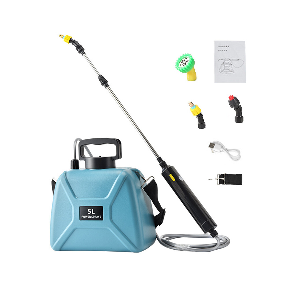 (Blue) Battery Powered Garden Electric Sprayer with 3 Mist Nozzles 5L Lawn Water Sprayer Plant Mister USB Rechargeable Irrigation