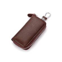 (As show, One size) Premium Leather Car Key Holder Bag Keychain Case Wallet with 6 Hooks Zipper Closure (Brown)