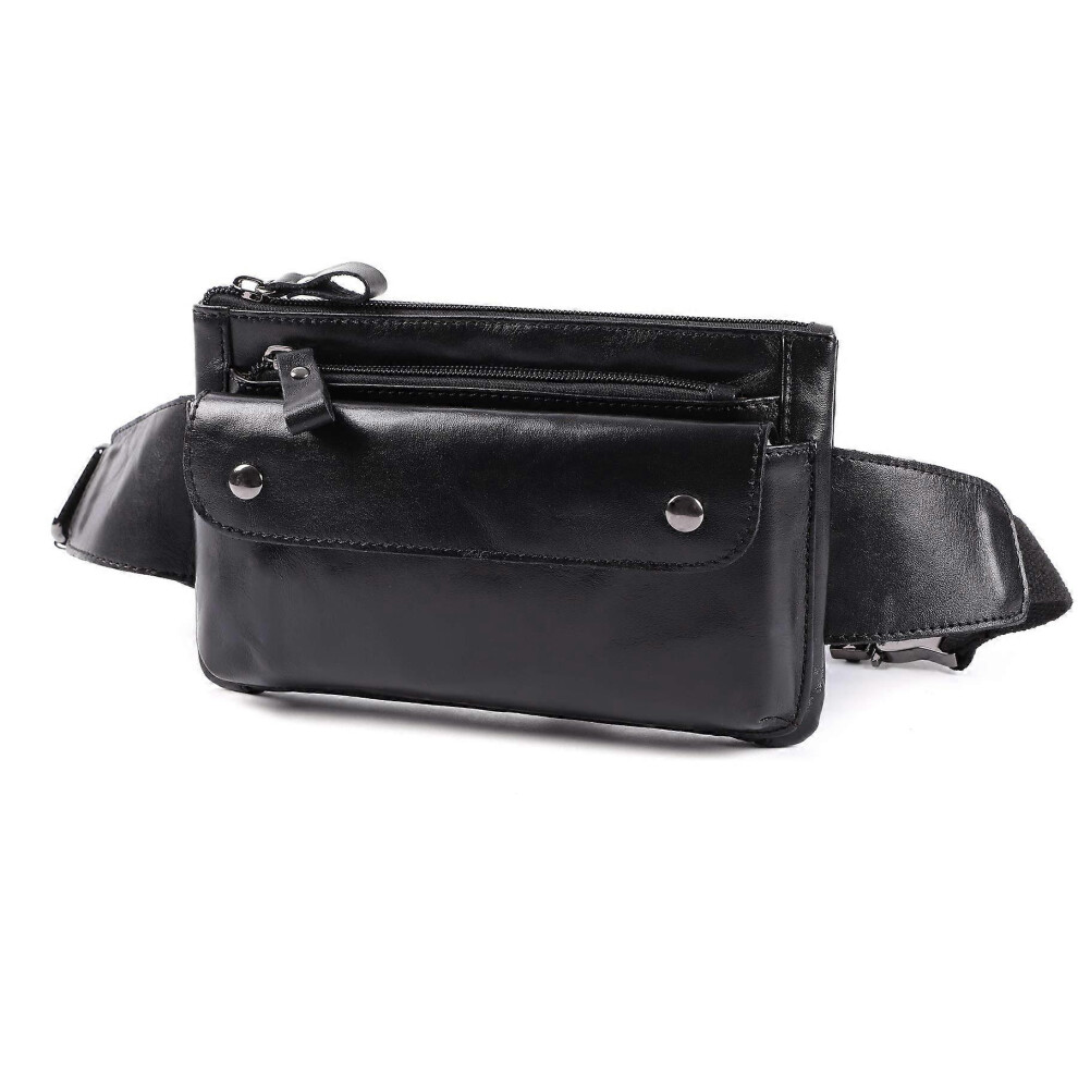 (As show, One size) Genuine Leather Waist Bag Vintage Messenger Fanny Pack Bum Bag  (Black)-image-OPC-PG8NZSV-NEW