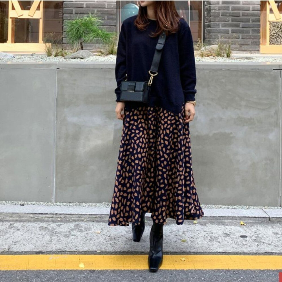 (dark blue, 3XL) Spring And Autumn Plus Size Long Sleeve T-shirt Splicing Printed Big Swing Dress Round Neck Long Dress