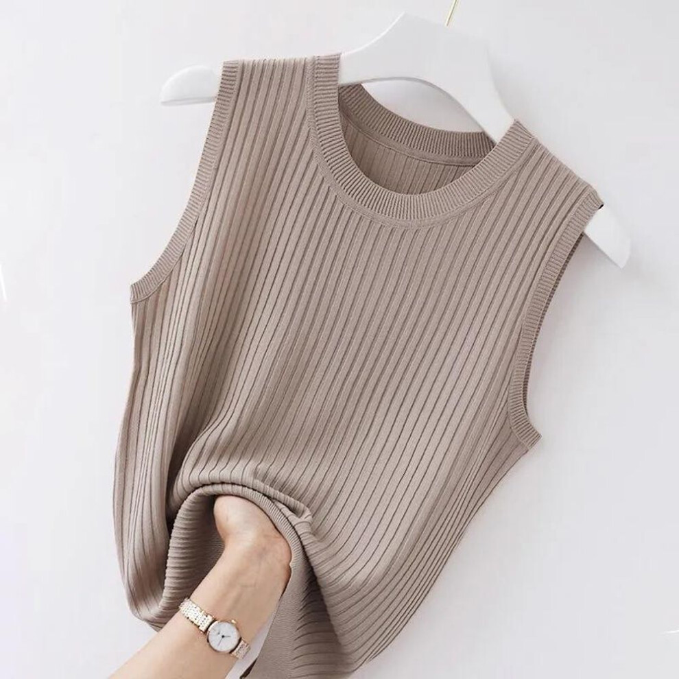 (khaki, S) Large Size Camisole Women's Summer Bottoming White Short Knitted Sleeveless Top