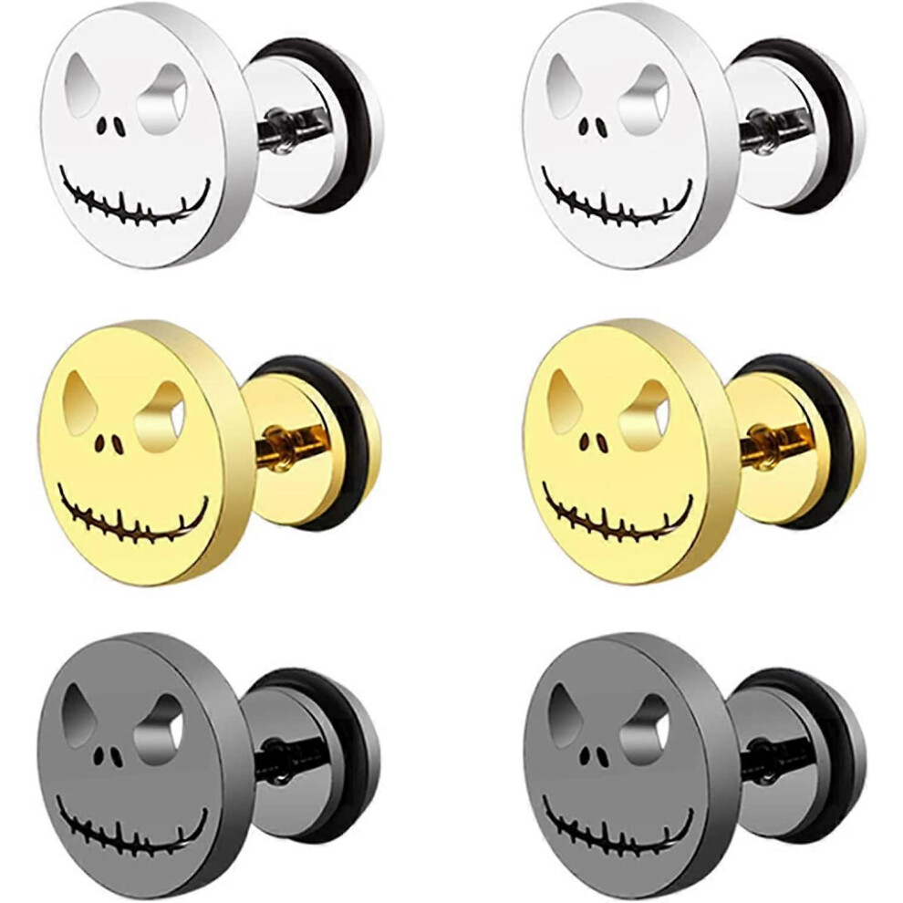 Konhill (As Show, One Size) 3 Pairs Gothic Earrings Surgical Steel Skull Earrings Stud Punk Jewelry Gold/Silver/Black Stud Earrings Flat Back Earrings For Wom