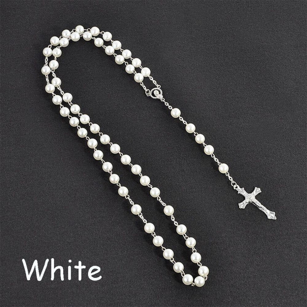 (Blanc) 1 PC chapelet Vintage perles croix jésus Crucifix vierge marie pendentif chaîne collier bijoux de mode cadeau