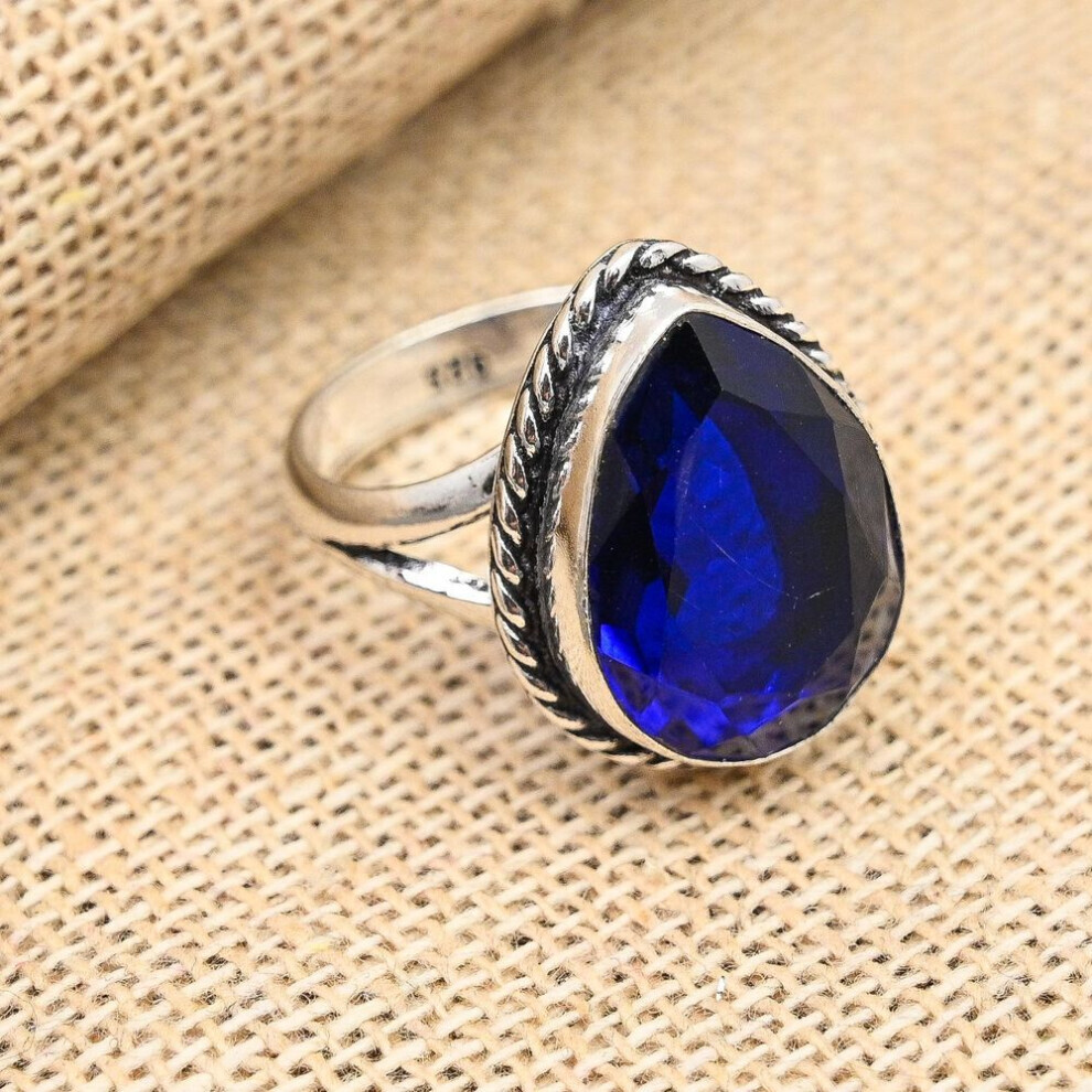 (Bleu, 9) Bague en argent sterling 925 faite à la main avec pierres précieuses en saphir bleu pour Noël