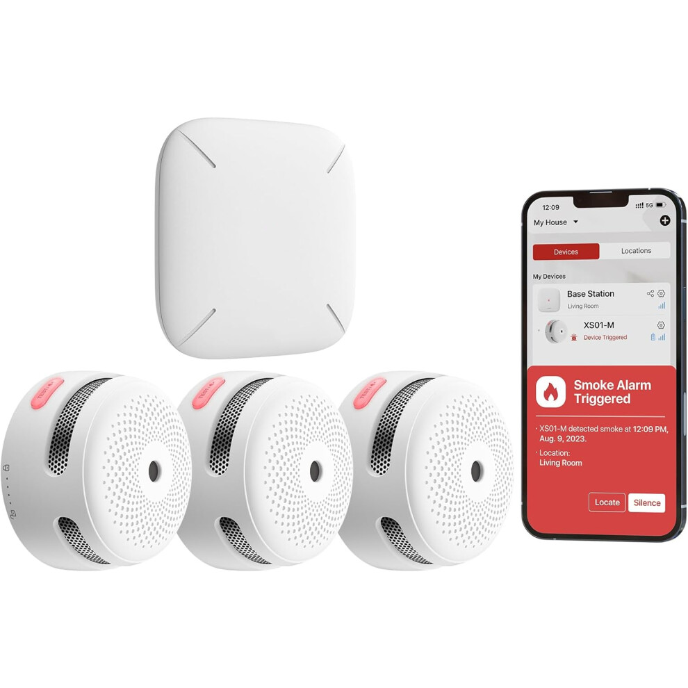 (3 Smoke Alarms & 1 Base Station, 2.4 GHz Wi-Fi Connection via Base Station) Wi-Fi Smoke Alarms for Home with SBS50 Base Station, Wireless Interlinked Smart Smoke Alarm Home Security System, Smart Fire Alarm