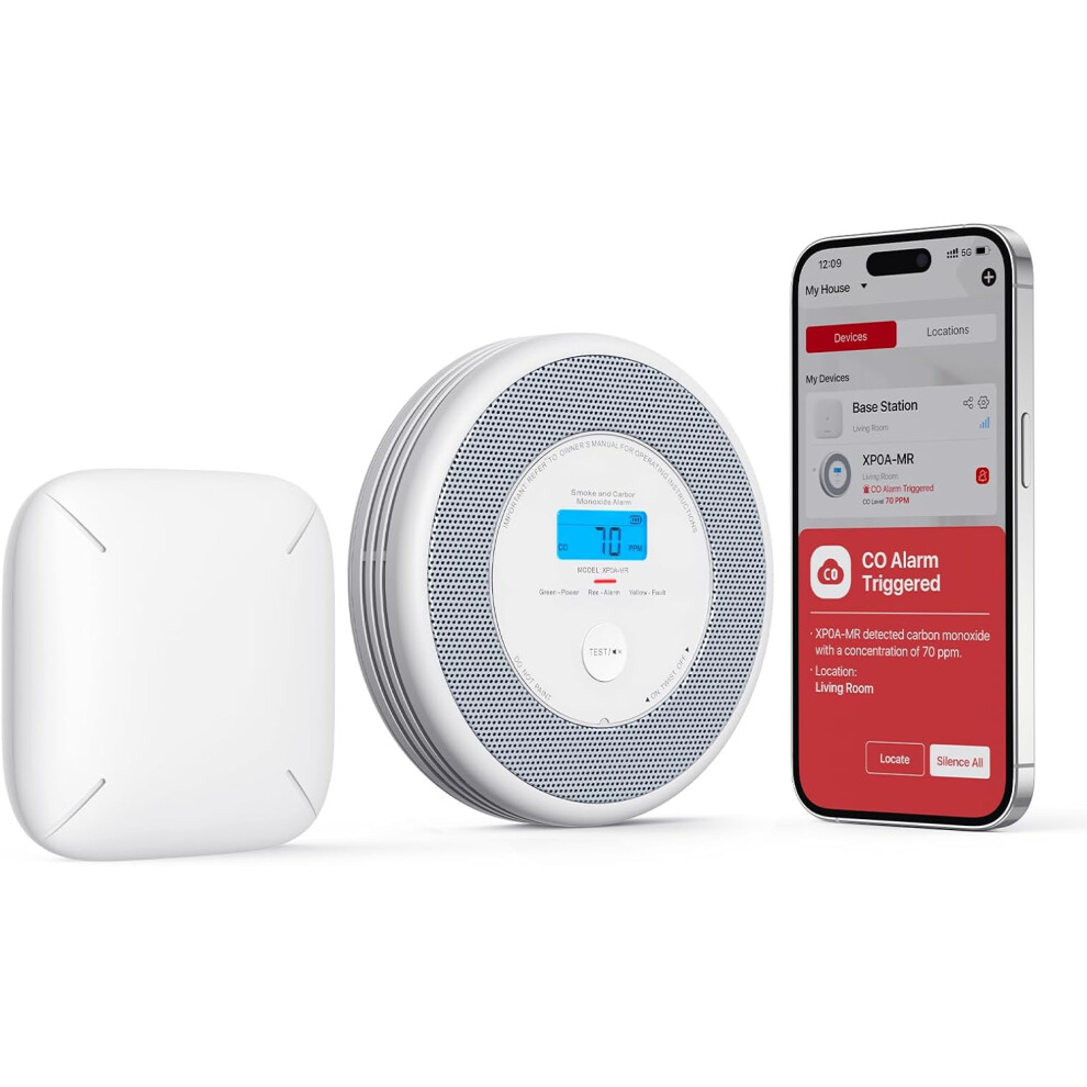 (1 Combination Alarm & 1 Base Station, 2.4 GHz Wi-Fi Connection via Base Station) Wi-Fi Combination Smoke and Carbon Monoxide Alarm for Home with English Voice Alerts