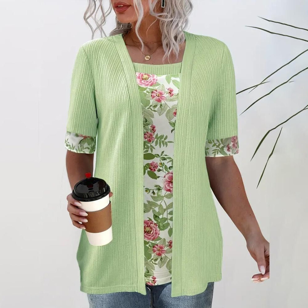 (light green, XXL) Women 1/2 Sleeveless Floral Print Tops Blouse Ladies Casual Basic BOHO T-shirt Tee