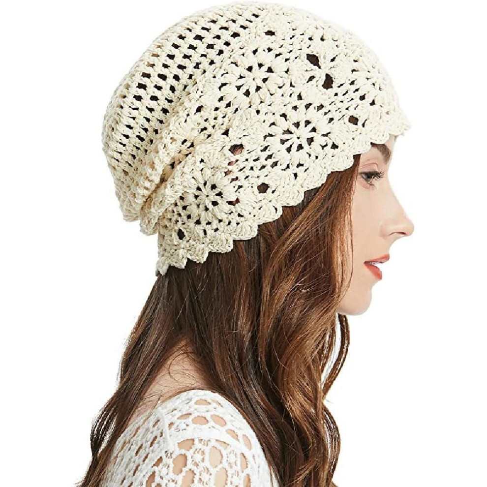 (beige) Women Cotton Crochet Slouchy Beanie Hat Handmade Knit Cutout Summer Floral Skull Cap