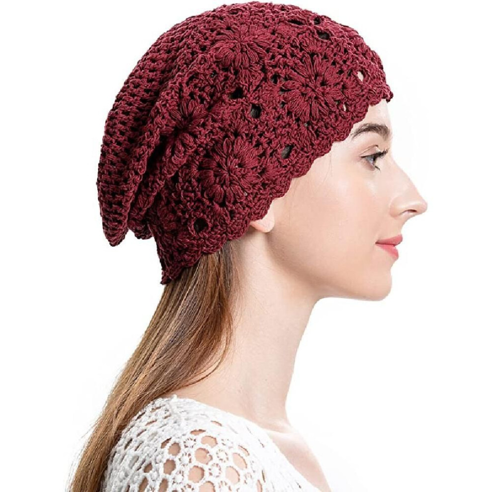 (red) Women Cotton Crochet Slouchy Beanie Hat Handmade Knit Cutout Summer Floral Skull Cap