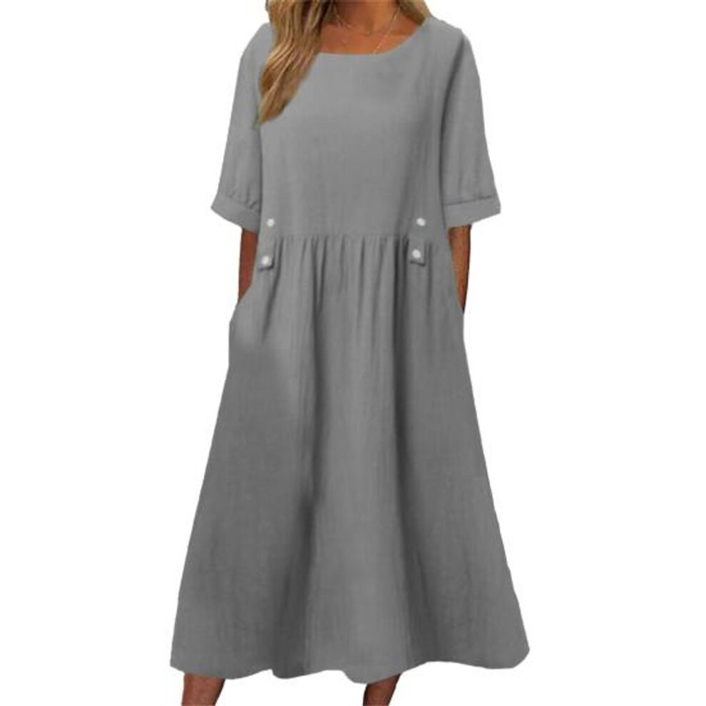 (grey, M) Women Dress Loose Fit Mid Length Double Pockets Button Decoration Round Neck Short Sleeve Boho Style Summer Dress Workwear