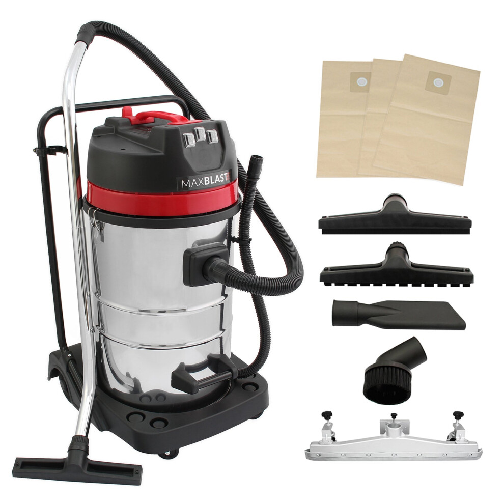 Aspirapolvere Industriale 80L Wet & Dry 3000W, Motore Triplo, 5 Accessori, Tubo 1,5M, Cavo 9M, Acciaio Inossidabile, 3 Sacchetti Inclusi Per Pulizie Professionali.-image