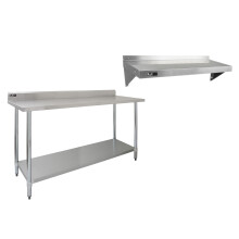 Tavolo da Cucina Commerciale 180cm & 2 Mensola a Muro 125cm in Acciaio Inox