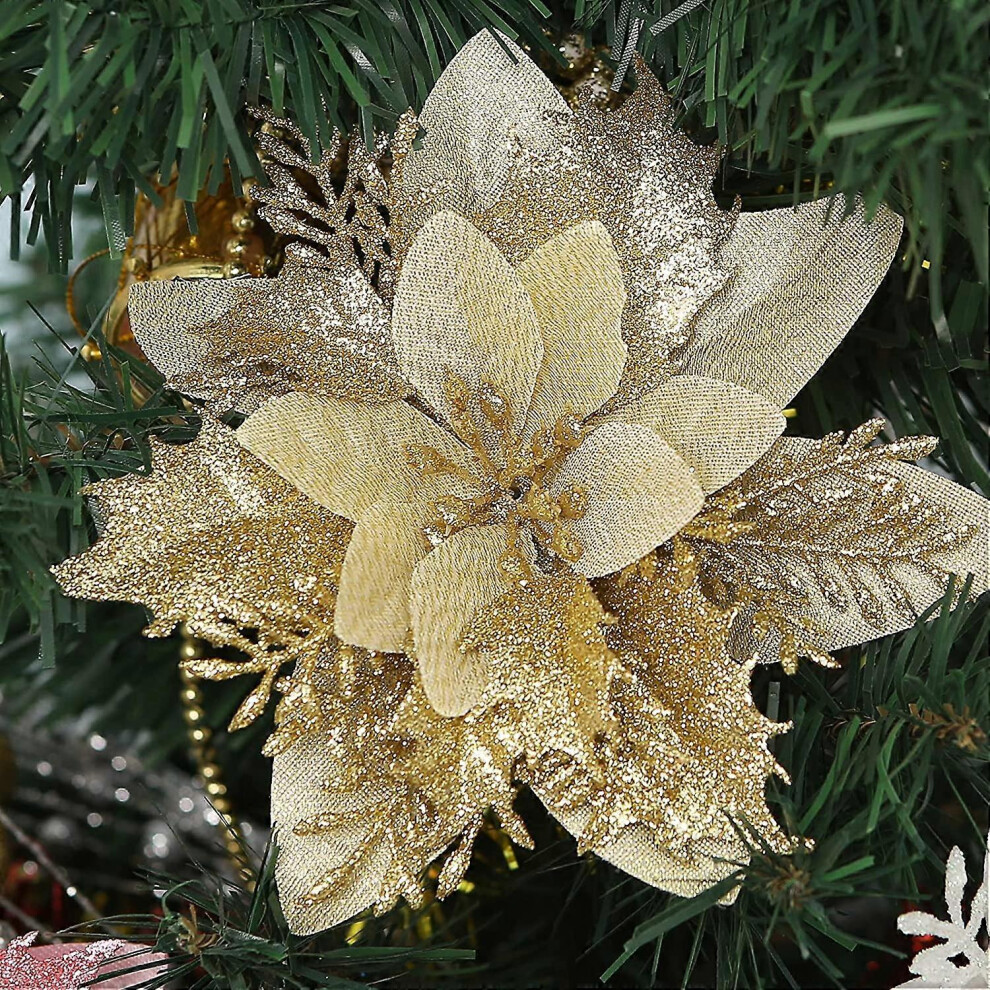 Konhill (As Show, One Size) 12 Pcs Poinsettia Artificial Christmas Flower Decorations With Clips And Stems Glitter Christmas Poinsettia Decorations For Christ