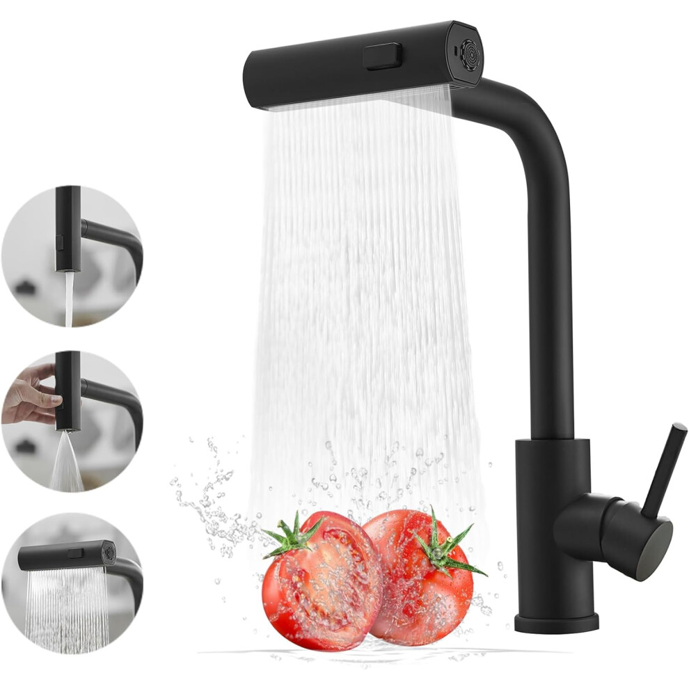 (Black) Waterfall Black Kitchen Tap with Pull Out Spray, Stainless Steel Kitchen Sink Taps, 3 Mode Kitchen Mixer Taps with Pull Down Sprayer
