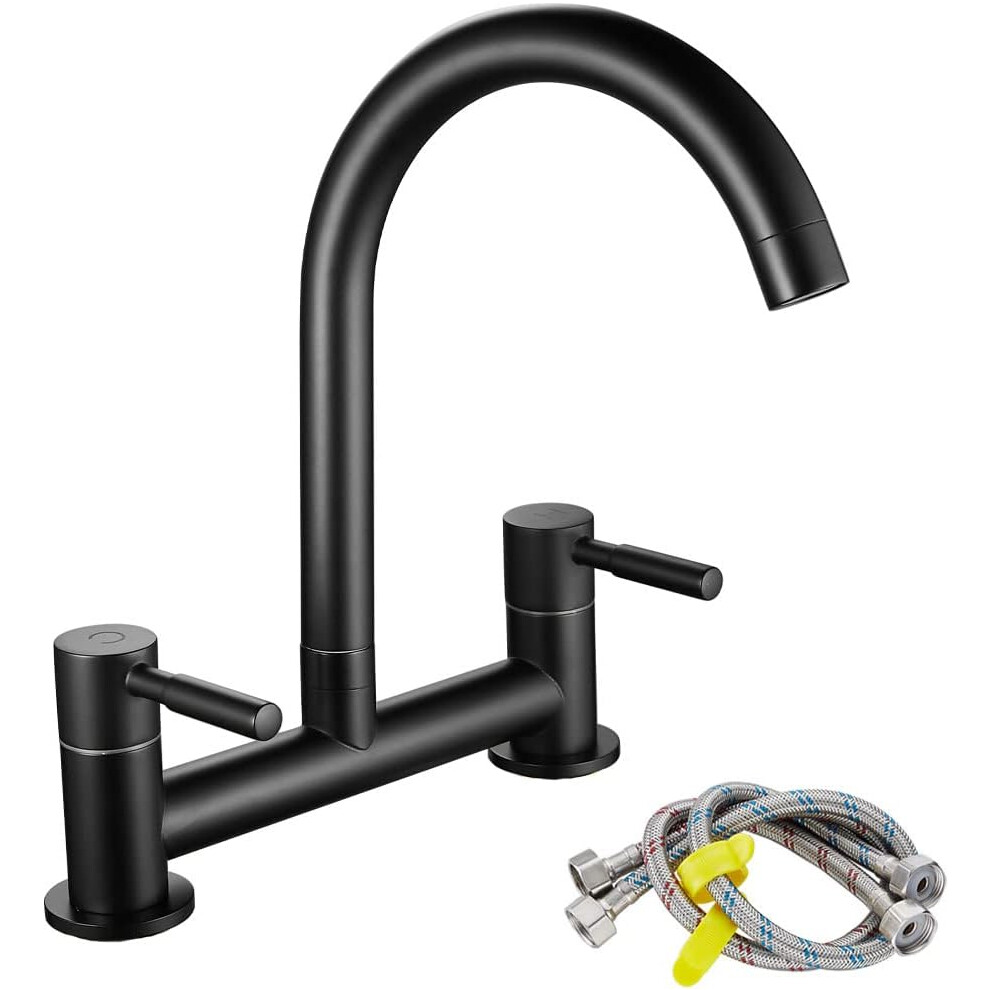 (Matte Black) Black Kitchen Sink Mixer Tap, Dual Lever Bridge Kitchen Mixer Taps, 2 Hole Kitchen Faucet, 180 mm Centers Deck Mounted, 1/4 Turn, 360 Swivel Spout