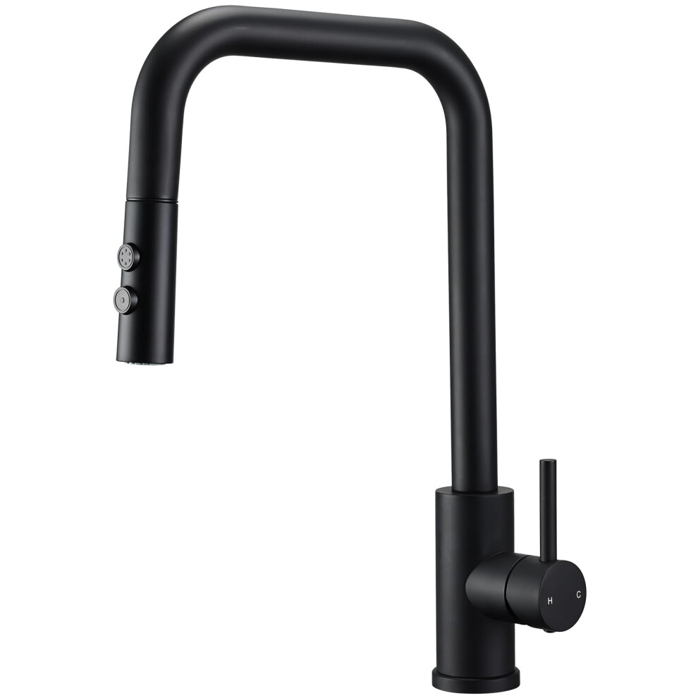 Peppermint Matt Black Kitchen Taps with Pull Out Spray Square Kitchen Mixer Tap Stainless Steel Single Lever Kitchen Sink Taps Mixer High Spout Pull
