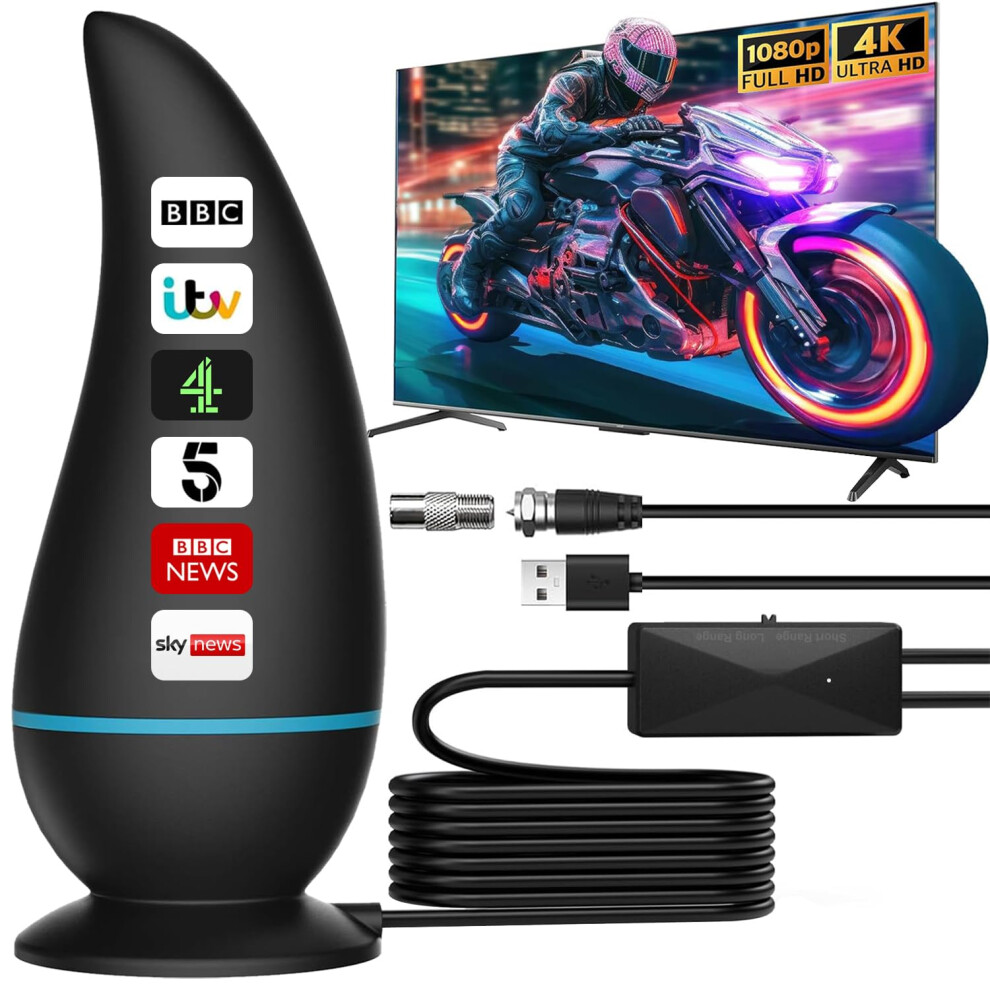2025 TV Aerial, Freeview Indoor TV Aerial with 560+ Miles Range Reception, TV Antenna Indoor with Signal Booster & Magnetic Support Base, Portable TV
