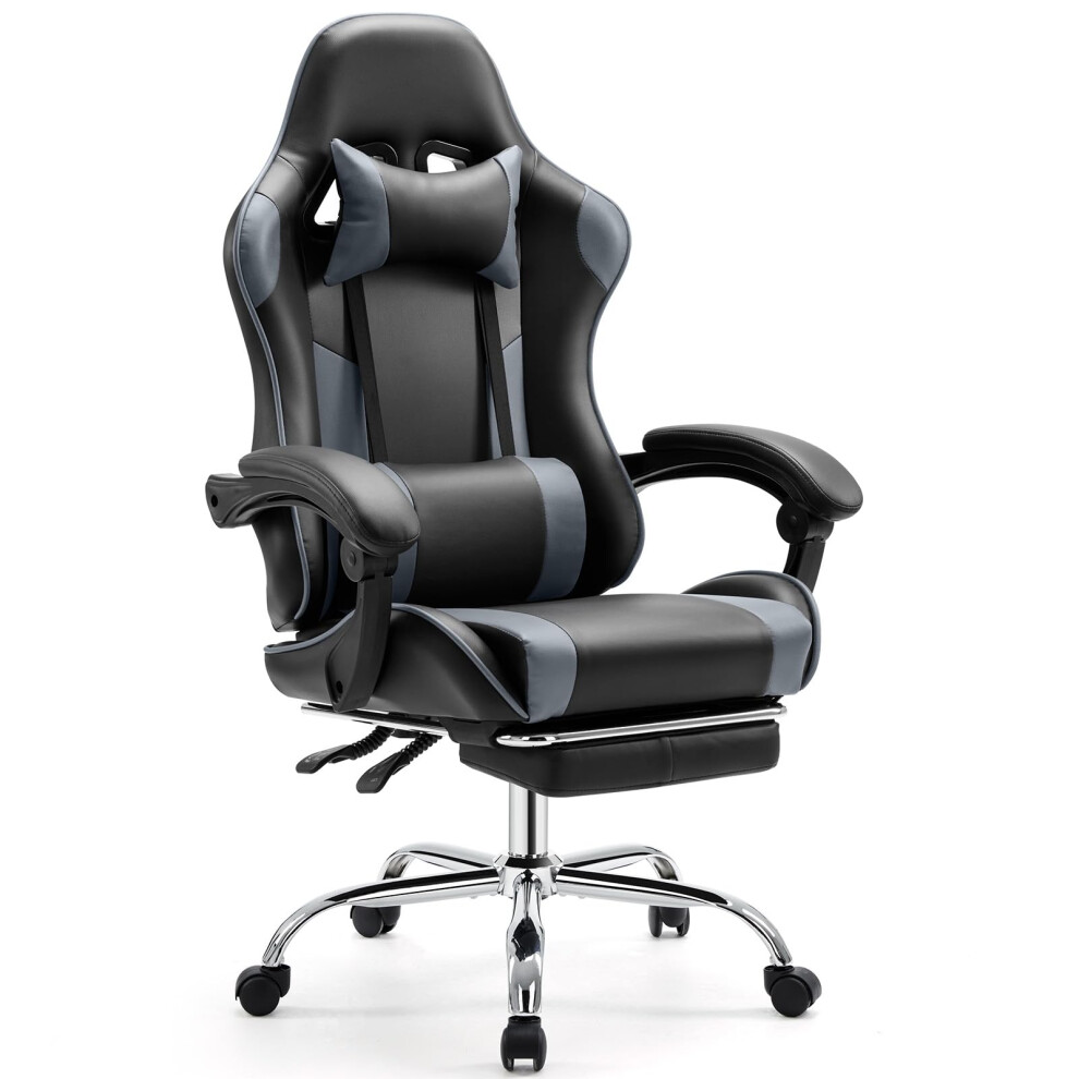 Sweetcrispy Video Game Desk Chair - Ergonomic Computer with Footrest and Comfy Lumbar Support, PU Leather Recliner with Headrest, Fixed Up Armrest,