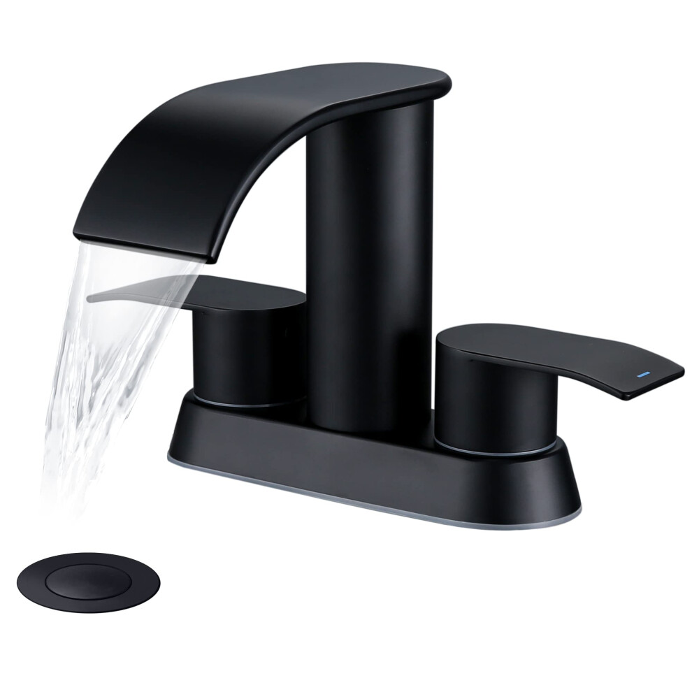 Ultimate Unicorn Waterfall Bathroom Sink Faucet Matte Black, Two Handles Bathroom Faucet with Metal Pop up Sink Drain Stopper, 2 or 3 Holes Bathroom