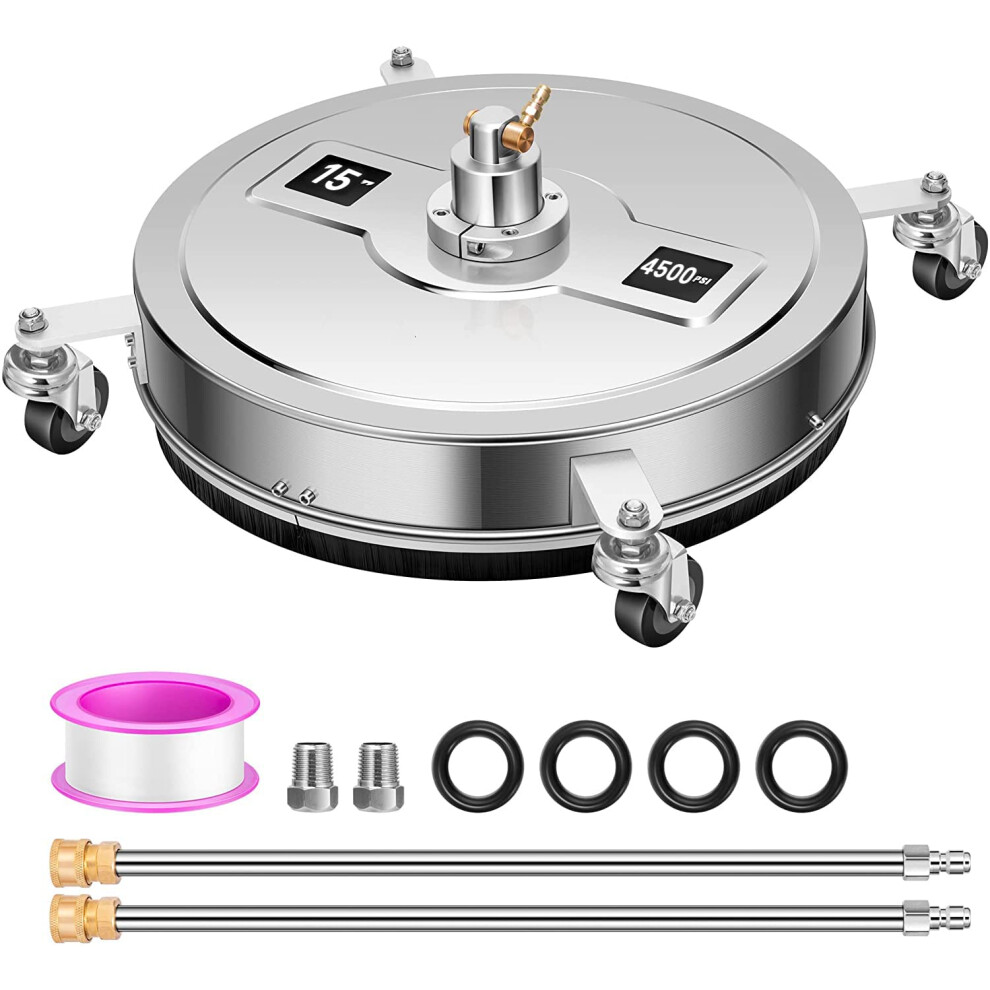15 Inch Stainless Steel Surface Cleaner for Pressure Washer Attachment with 4 Wheel Casters 4000 PSI,1/4" Quick Connector, Power Washer with 2