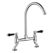 Peppermint Traditional Kitchen Sink Bridge Mixer Tap Dual Black Handles 2 Hole Kitchen Tap Monobloc Kitchen Faucet with Swivel Spout, Chrome Kitchen