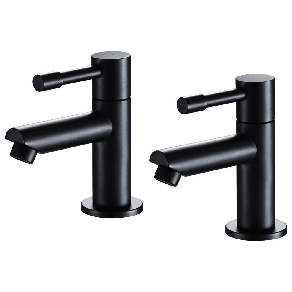 Wasserrhythm Basin Pillar Taps Pair Black Twin Bathroom Sink Mixer Taps Monobloc Matte Black Brass Cloakroom Faucets Traditional Mono 2PCs Hot and
