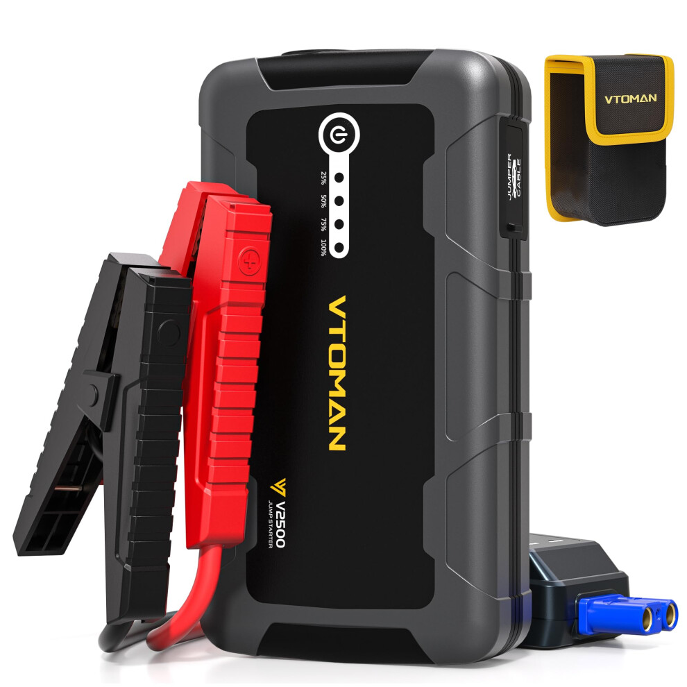 VTOMAN V2500 2500A Jump Starter Power Pack - 12V Car Battery Booster for up to 8.0L Gas / 6.0L Diesel, 15V DC Output, QC 3.0, LED Light