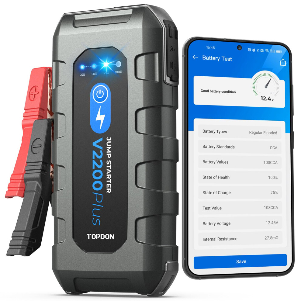 TOPDON V2200 Plus Car Jump Starter and Battery Tester 2-in-1 2200A Battery Booster Power Pack for Up to 8L Gas/6L Diesel Engines 12V Jump Starter