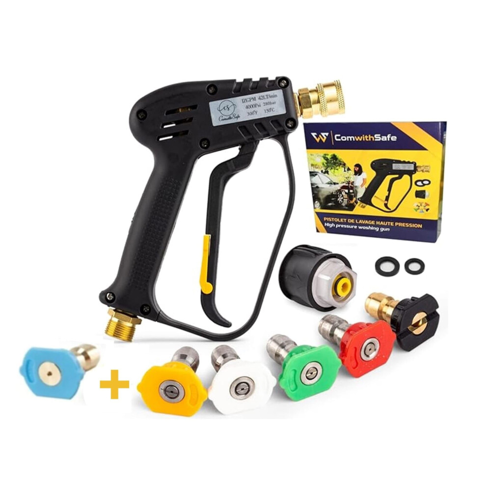 Comwithsafe 4000 Psi High Pressure Jet Washer Gun With 6 Nozzle Accessories For 0? To 60? Adjustable Water Jets; M22(14Mm) Interface, Karcher K1-K7 Compatible