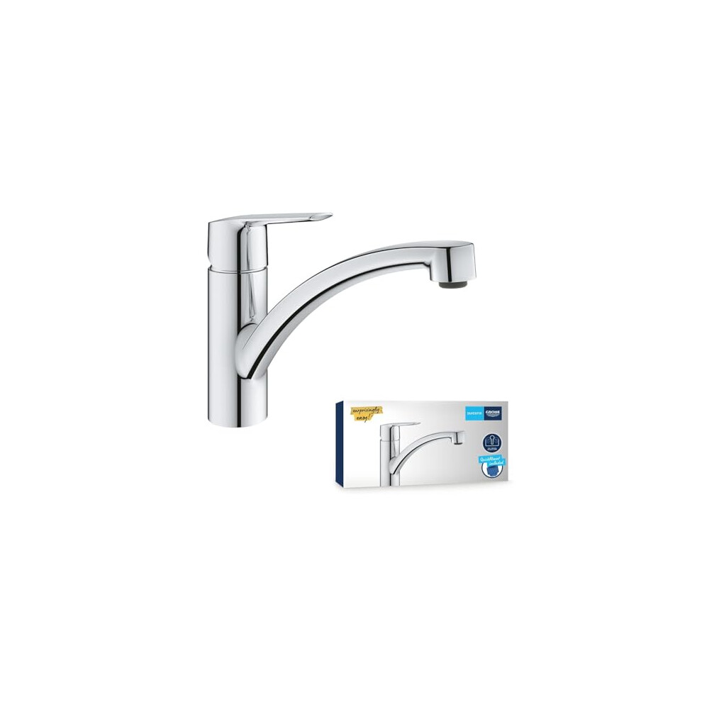 GROHE Start Quickfix Single-Lever Sink Mixer, Water- & Energy-Saving, Low Spout, 140? Swivel Area, Single Hole Installation, Chrome Finish 31138002