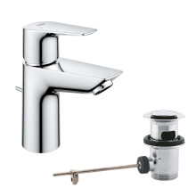 GROHE Start Edge ? Basin Mixer Tap with Pop-Up Waste Set (Metal Lever, 28 mm Ceramic Cartridge, Water Saving Mousseur 5.7 l/min, Tails 3/8 Inch), Size