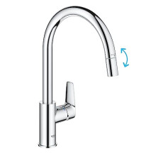 GROHE Start Edge QuickFix - 1 Lever Kitchen Sink Mixer Tap with Pull-Out Function (High C-spout, 360? Swivel Area, 28 mm Ceramic Cartridge, Tails 3/8