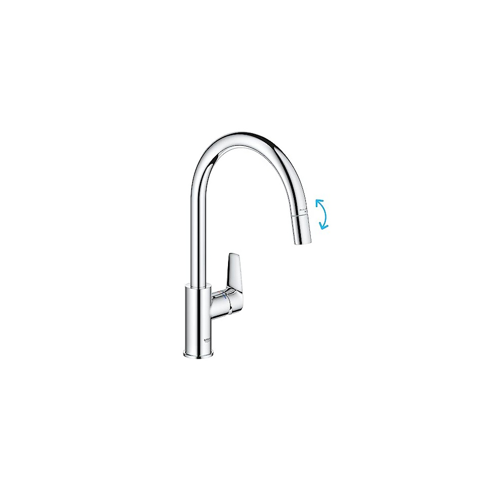 GROHE Start Edge QuickFix - 1 Lever Kitchen Sink Mixer Tap with Pull-Out Function (High C-spout, 360? Swivel Area, 28 mm Ceramic Cartridge, Tails 3/8