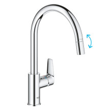 GROHE Start Edge QuickFix - 1 Lever Kitchen Sink Mixer Tap with Pull-Out Function (High C-spout, 360? Swivel Area, 28 mm Ceramic Cartridge, Tails 1/2