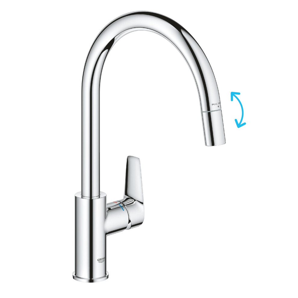 GROHE Start Edge QuickFix - 1 Lever Kitchen Sink Mixer Tap with Pull-Out Function (High C-spout, 360? Swivel Area, 28 mm Ceramic Cartridge, Tails 1/2