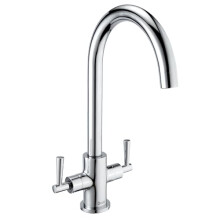 Deva NTN104 Twin Lever Kitchen Sink Mixer Tap with Chrome Finish Swivel Spout - Deck Mount Large Easy Flow Hot & Cold Dual Silver Handles - for Dual