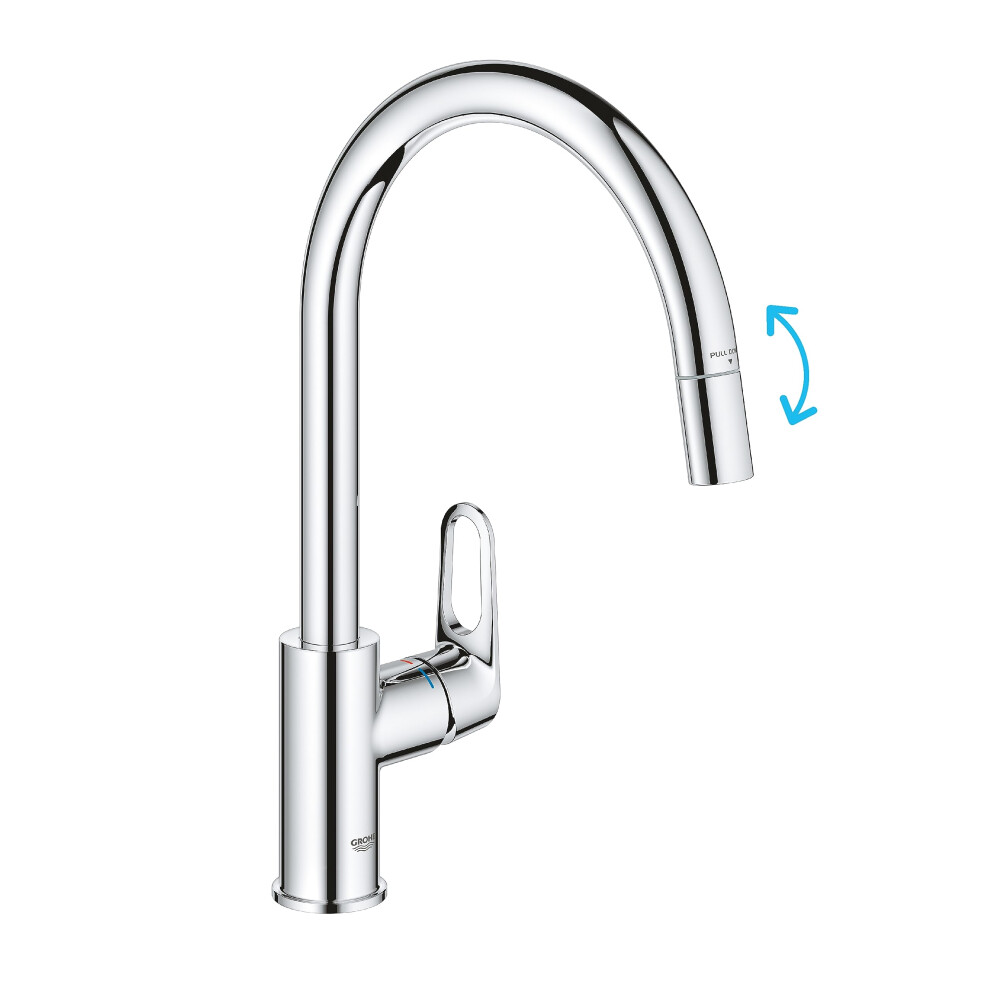 GROHE Start Flow QuickFix - 1 Lever Kitchen Sink Mixer Tap with Pull-Out Function (High C-spout, 360? Swivel Area, 28 mm Ceramic Cartridge, Tails 1/2