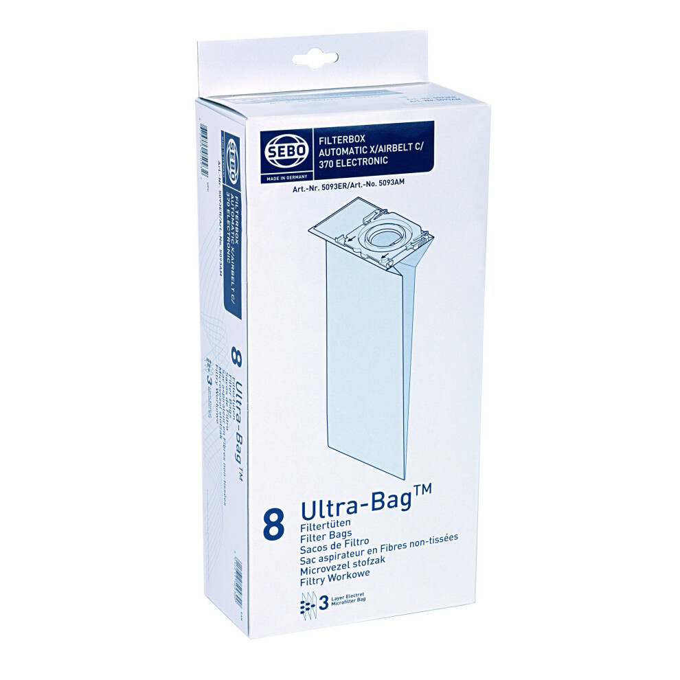 Sebo 5093ER X Series Vacuum Cleaner Paper Bags . Part number 5093ER for X1, X1.1, X2, X3, XP2, XP3, X4, X4 Extra, X4 Pet, X5 Extra, C Series C1, C2,