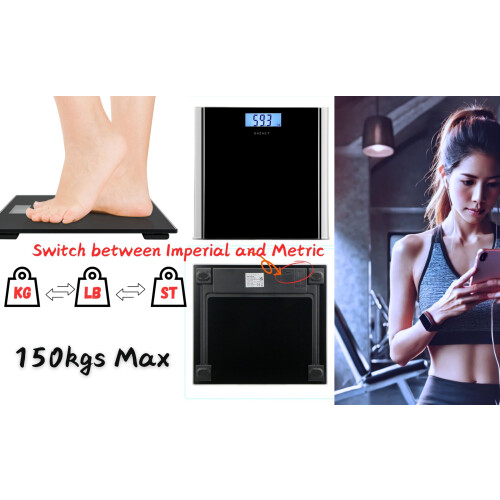 EXZACT Bathroom Scale Digital, Electronic Body Scale - Max.150kg - Switch between kgs/stones/lbs - High Precision, Backlight LCD Display (Black) 2