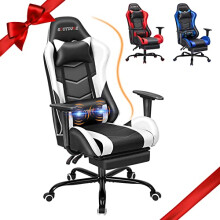 ECOTOUGE PC Massage Gaming Chair with Footrest Ergonomic Office Desk Chair Racing PU Leather Recliner Swivel Rocker with Headrest and Lumbar