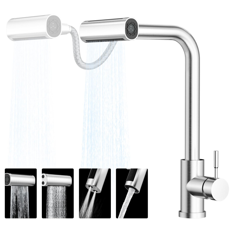 Hanstore Waterfall Kitchen Faucet With Pull Down Sprayer, 4-Mode Brushed Nickel Kitchen Faucets, 304 Stainless Steel Single Hole Kitchen Sink Faucet, 6902210659808
