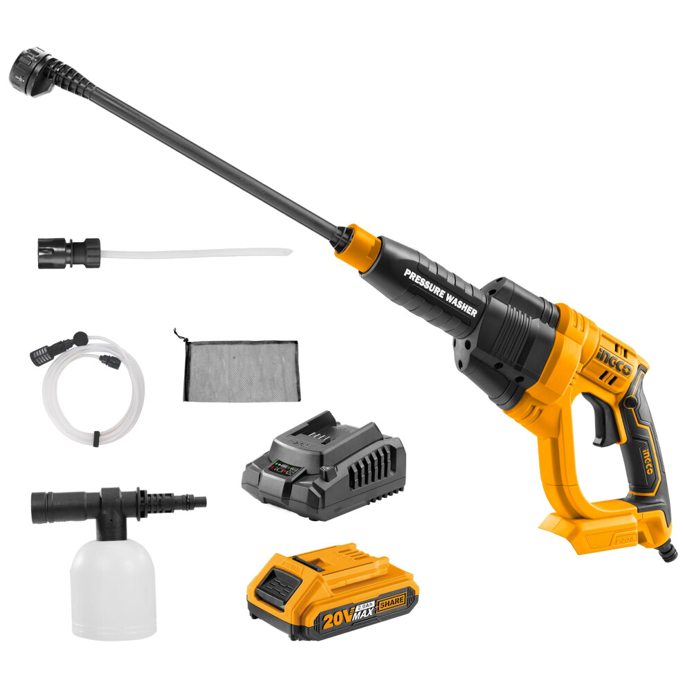 INGCO Cordless Pressure Washer 20V Lithium-Ion Power Washer with Battery and Charger 24.8Bar Pressure 2.2L/min Flow Rate 6-way Nozzle 6M Hose