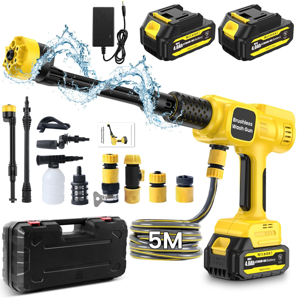 Professional Cordless High Pressure Washer Portable with 2 x 4000mAh Batteries,Jet Hawk - Max 28 Bar with 6 in 1 Spray Nozzles, 5m Hose, Soap