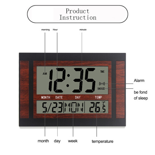 Digital Wall Clock LCD Number Time Temperature Calendar Alarm Silver 2