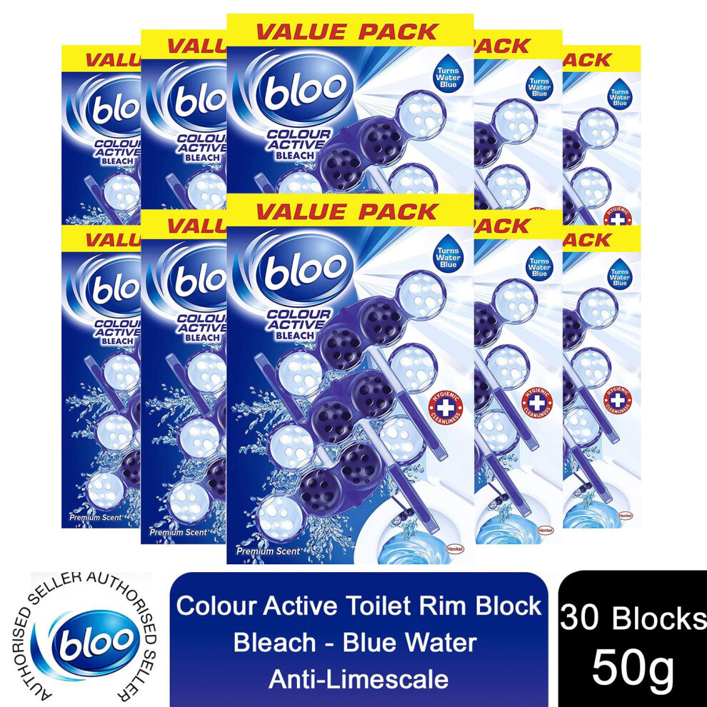 Bloo Colour Active Toilet Rim Block Blue Bleach Anti-Limescale 3 x 50g 10 Packs