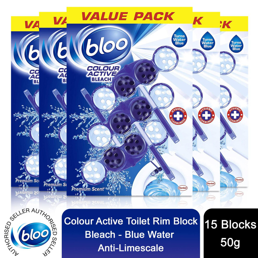 Bloo Colour Active Toilet Rim Block Bleach Anti-Limescale 3 X 50G 5 Packs Blue