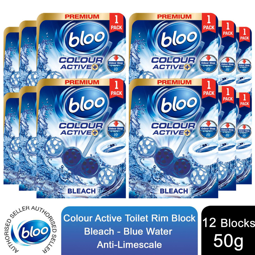 Bloo Colour Active Anti-Limescale Odour Stop Bleach Toilet Rim Block, 50G 12 Pk