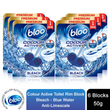 Bloo Colour Active Anti-Limescale Odour Stop Bleach Toilet Rim Block, 50g - 6 PK