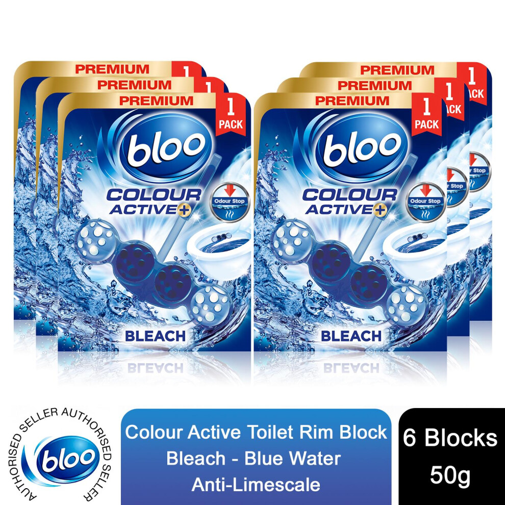 Bloo Colour Active Anti-Limescale Odour Stop Bleach Toilet Rim Block, 50G - 6 Pk