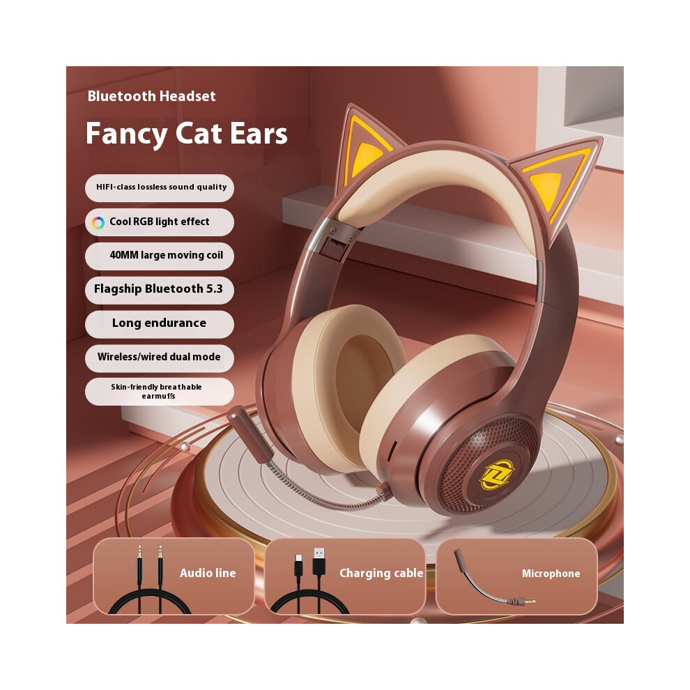 ( Brown) 2025 Hot Private Model Cat Ear Wireless Bluetooth Headset Headset Cute Style Wind Sports Internet Celebrity Model Luminous And Beautiful Dark/Brown 6921541491949